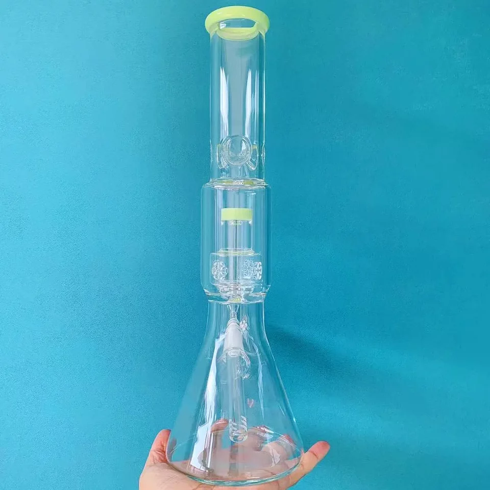 16" Spring Green Multi-Chamber Beaker Bong with Floral Perc