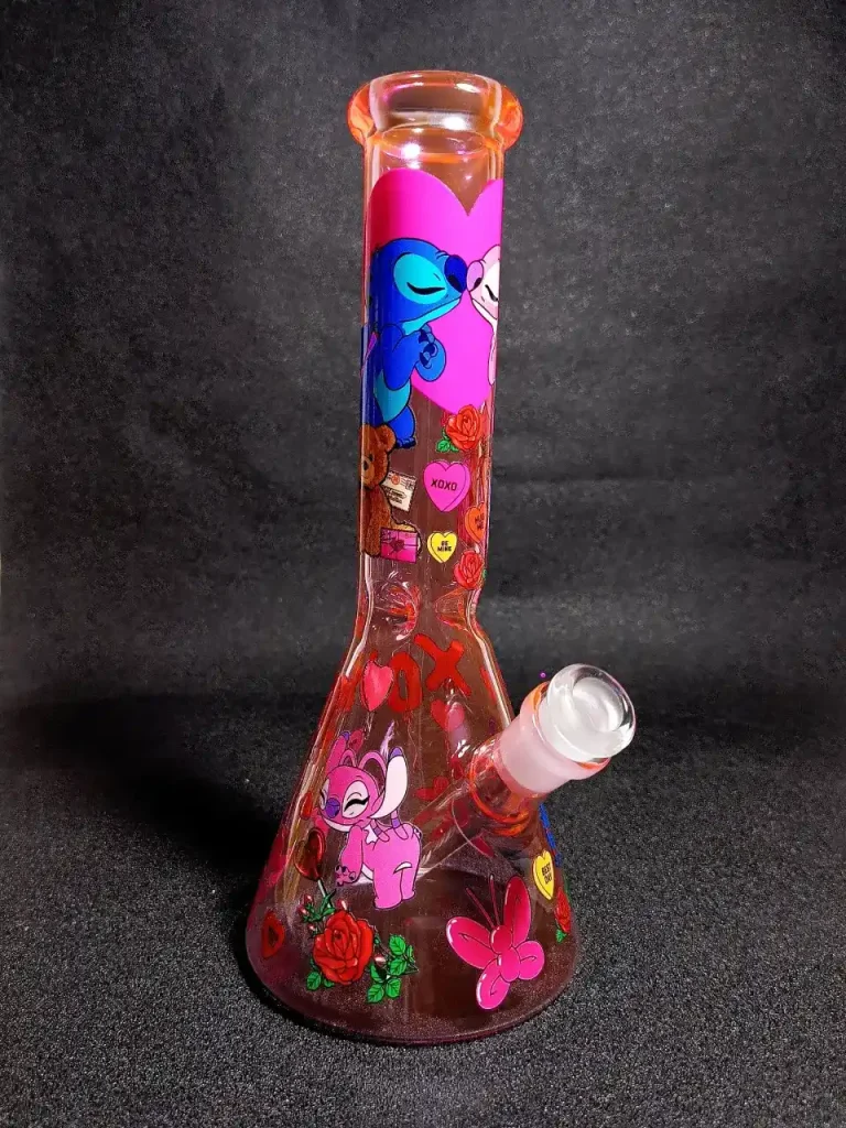 Stitch & Angel Disney Romantic Pink Heart Beaker Glass Bong