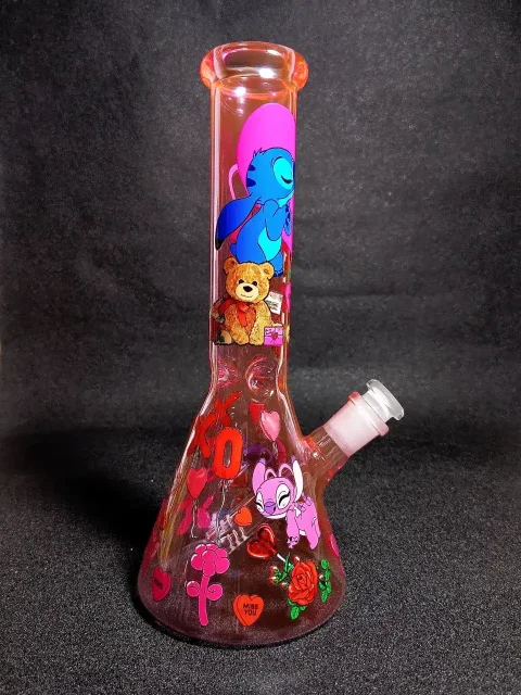Stitch & Angel Disney Romantic Pink Heart Beaker Glass Bong Stitch & Angel Disney Romantic Pink Heart Beaker Glass Bong