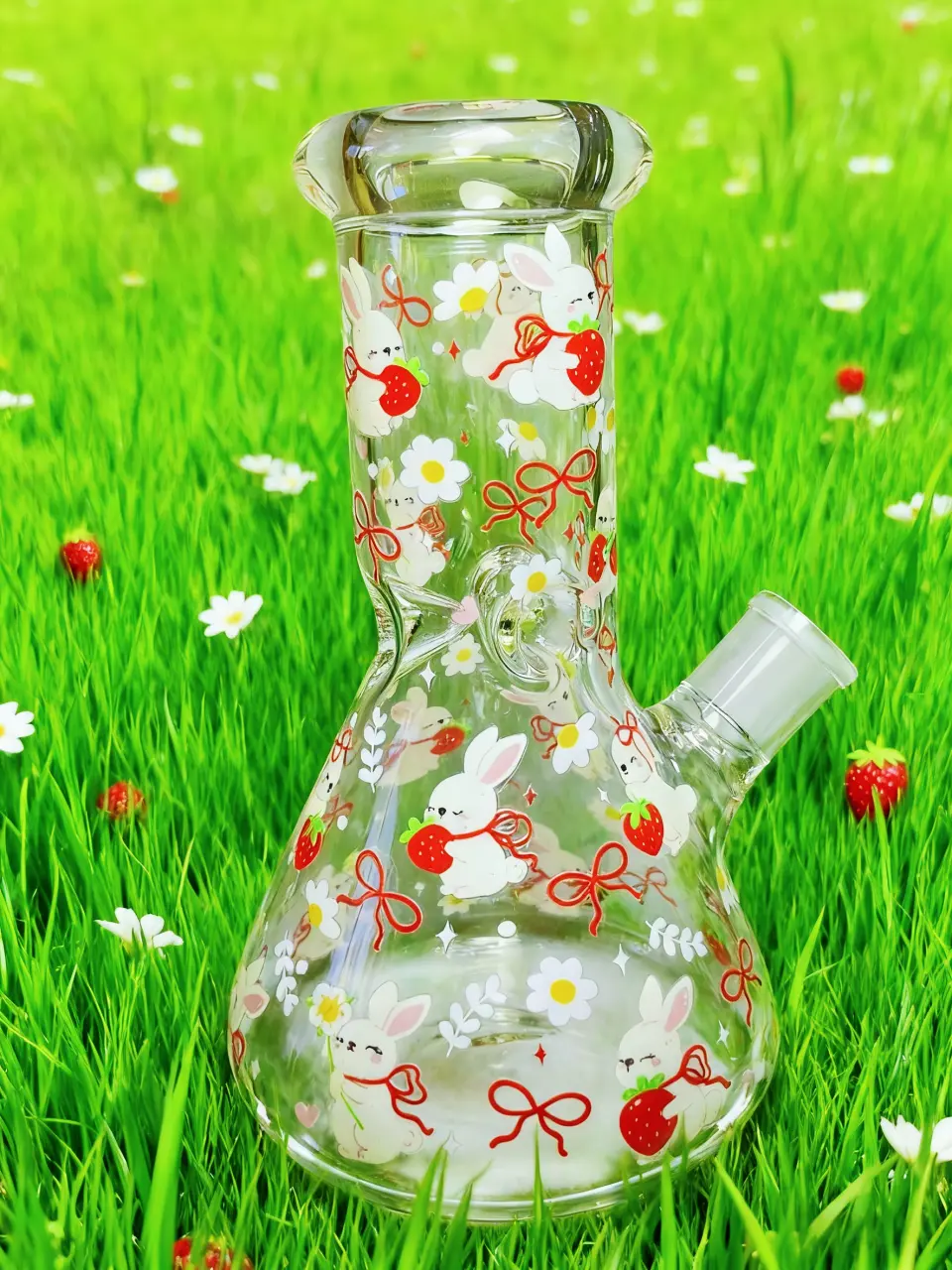 8" 5mm Strawberry & Daisy Bunny Beaker Glass Bong