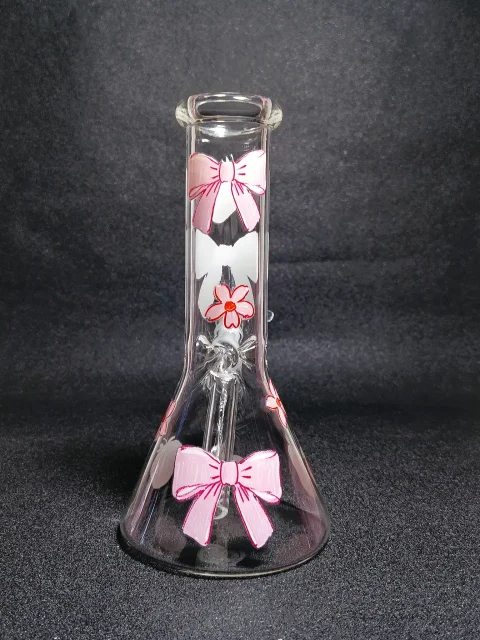 Strawberry Pink Ribbon & Blossom Cottagecore Beaker Glass Bong Strawberry Pink Ribbon & Blossom Cottagecore Beaker Glass Bong