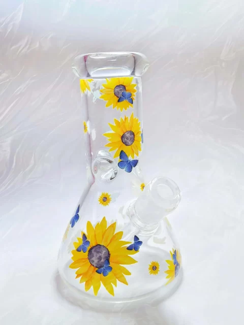 8″ Sunflower Butterfly Beaker Glass Bong 8" Sunflower Butterfly Beaker Glass Bong