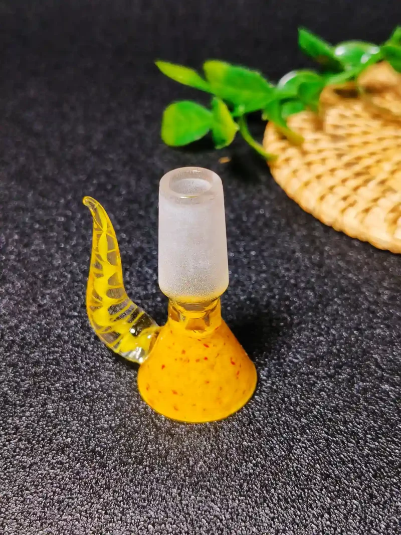 14mm Yellow Textured Glass Bong Bowl with Twisted Horn Handle - Image 3