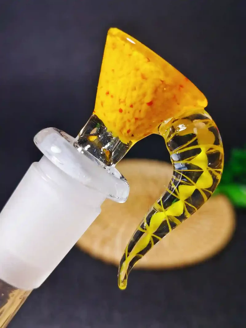14mm Yellow Textured Glass Bong Bowl with Twisted Horn Handle - Image 2